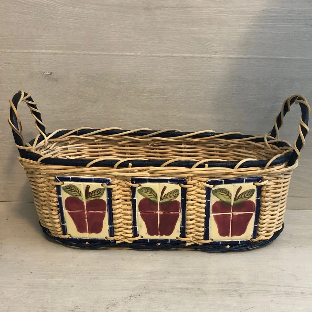 Grandmacore Wicker Basket with Handles  & 3 Painted Apples Tile  15” x 7” x 6”